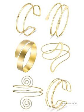 6 Piece Golden Arm Cuff Set Upper Arm Bangle Bracelet Women Adjustable Open